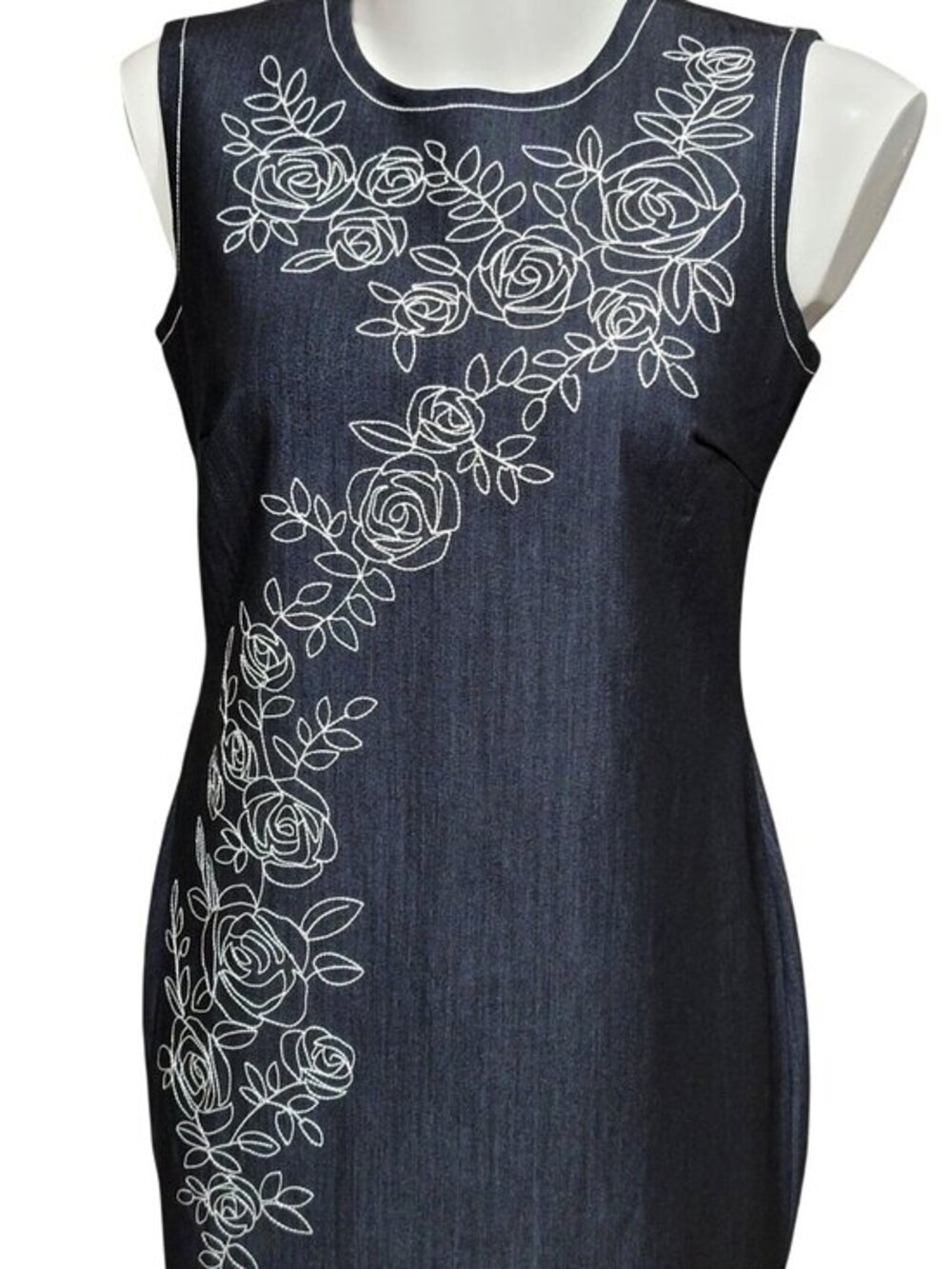 Sleeveless Navy Blue Denim Sheath Dress With White Floral Embroidery Back Zip Cl - Picture 2 of 8